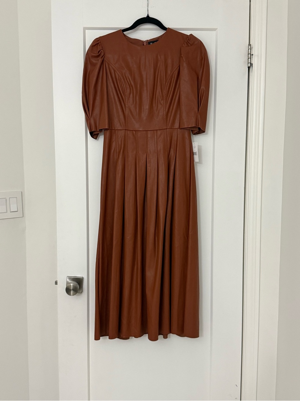 En Saison Chestnut Faux Leather Maxi Dress with Puff Sleeves